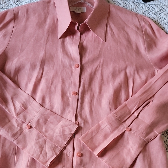 LOFT 100% Linen Coral Button-Up Women's Blouse Long Sleeve Size L - Picture 6 of 7